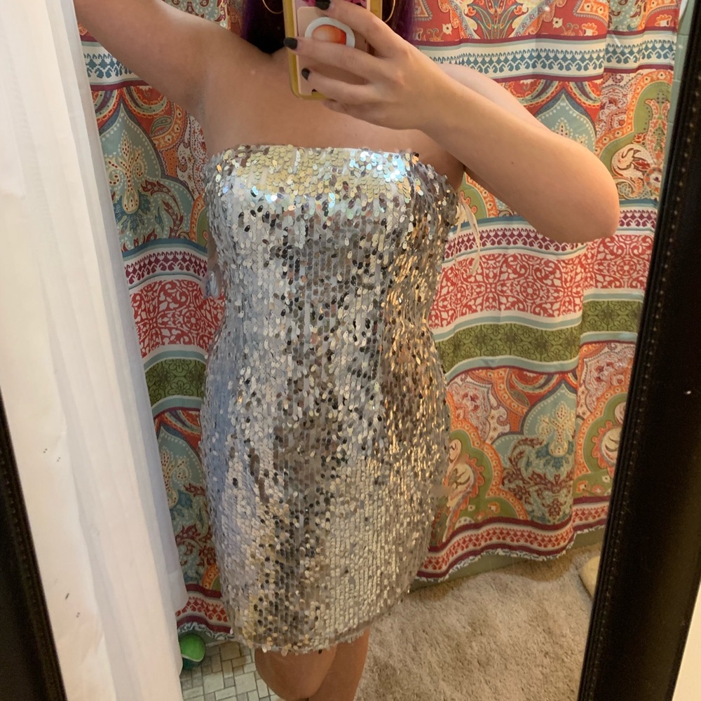 Hannah S Silver Sequin Mini Dress